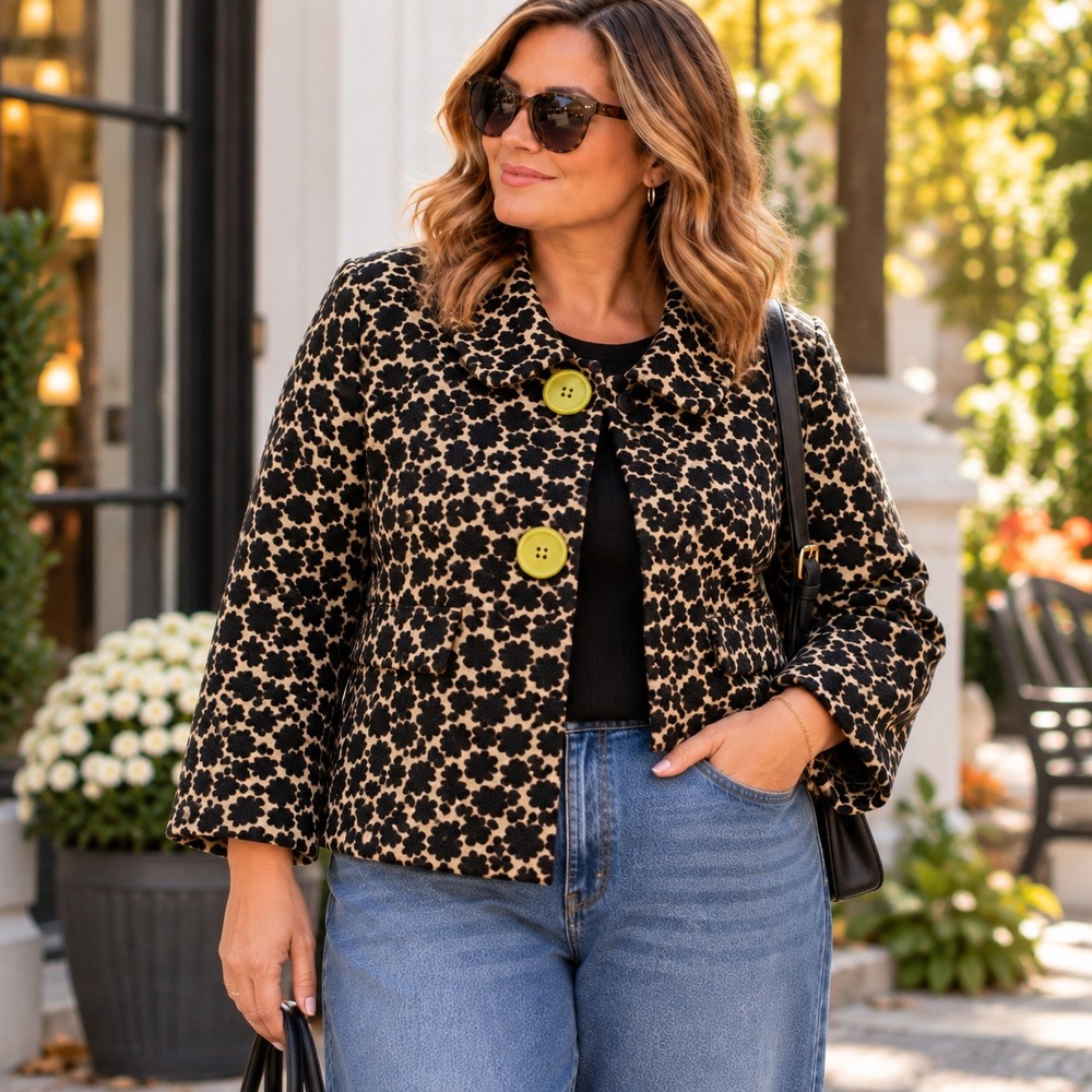3 Sisters Vintage Y2K Jacket Leopard Print Short Coat Lime Buttons Women's Large